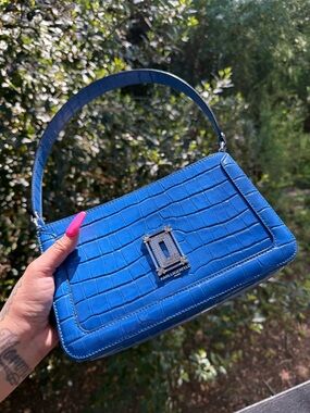 Karl Lagerfeld Bright Blue Croc-Embossed Shoulder Bag with Silver Hardware